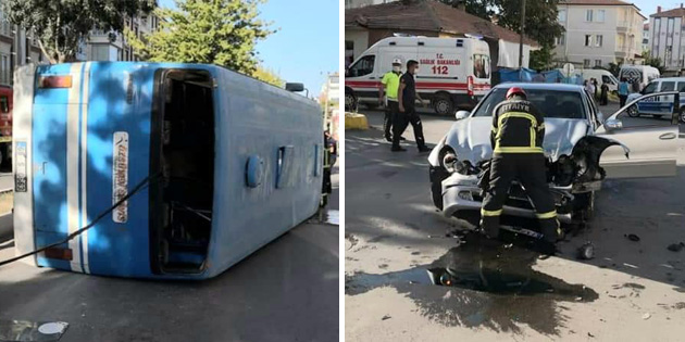 İşçi servisi ile otomobil çarpıştı: 12 kişi yaralandı