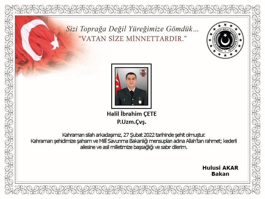 Pençe-Yıldırım Harekatı bölgesinde silah kazası sonucu bir uzman çavuş şehit oldu