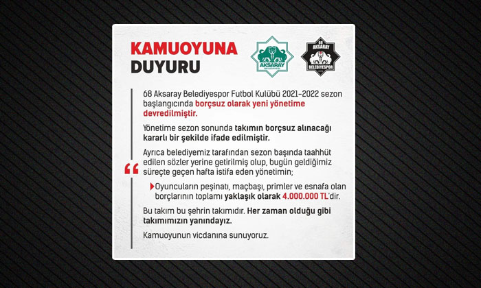 68 Aksaray Belediyespor’dan 4 milyon liralık borç açıklaması!