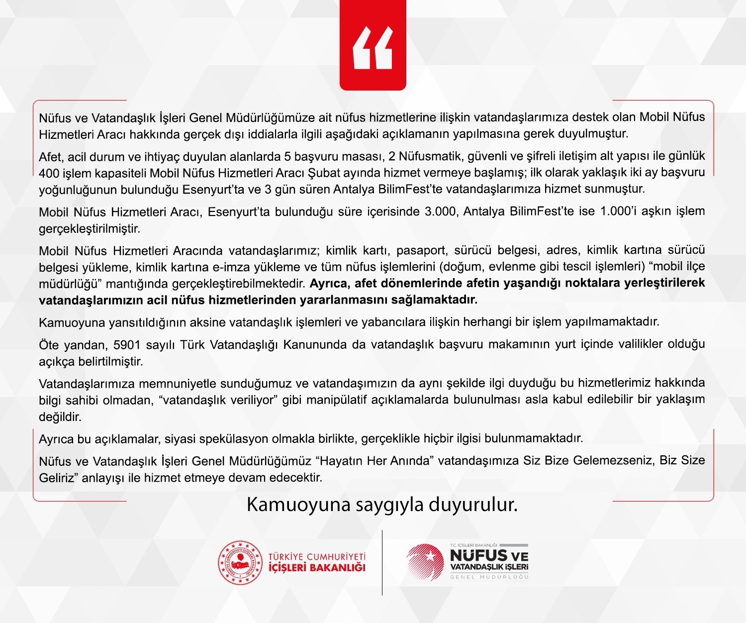 İçişleri Bakanlığı’ndan Mobil Nüfus Hizmetleri Aracı hakkında çıkan iddialara yalanlama